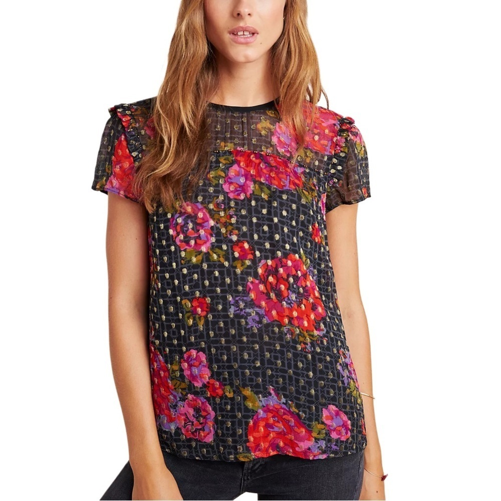 Anthropologie Black Red Pink Floral Beaded Fiorella Blouse Size 2